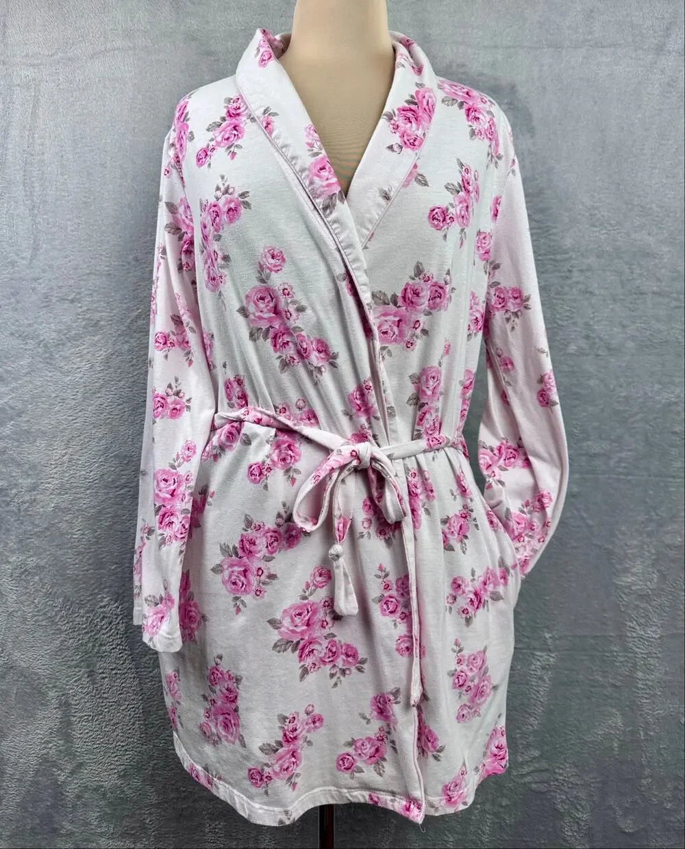 Vintage Laura Ashley Pink Floral Cotton Short Belted Robe Lounge Cottagecore - M